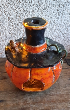 Kürbis aus Keramik Steampunk Vladimir - Keramik rauchender Kürbis mit Zylinder Windlicht