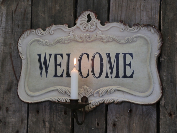 Willkommen - Französisches Schild Welcome mit Kerzenhalter